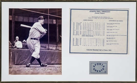 Joe DiMaggio Signed Photo With Baseball Hall Of Fame Induction Stat Sheet In 20x12 Framed Display (Beckett)